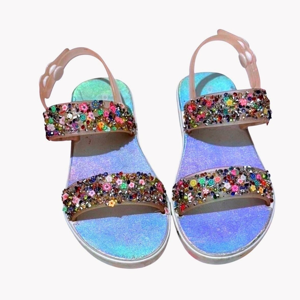 Bebe Girls Pink Jelly Sandals Multi Color Floral Fruit Charms Iridescent Size S